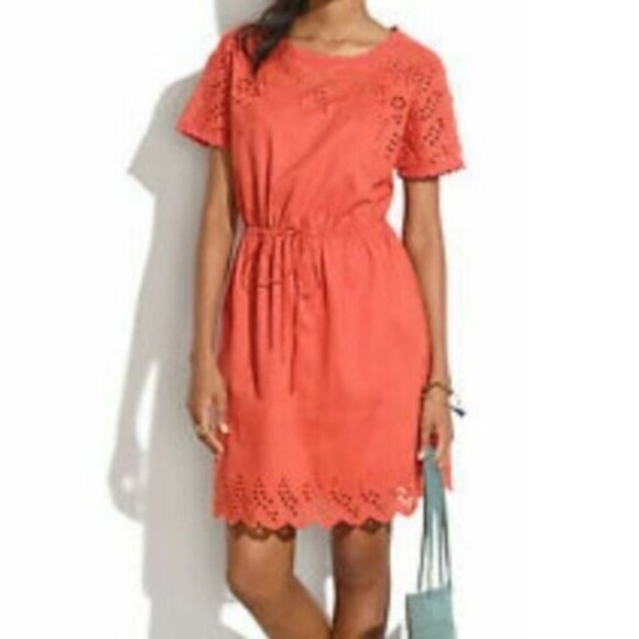 Madewell Women Orange Cutout Eyelet Short Sleeve Casual Mini Dress Size 4 - Picture 1 of 12